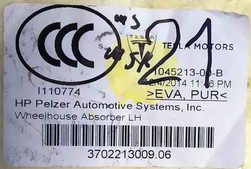 Tepelný a zvukový izolátor pro interiér C-sloupku, levá Tesla model S, model S REST 1045213-00-G